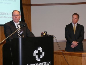 Rosecrance Health Network President and CEO Philip W. Eaton (left) and Dr. Bill Gorski, President and CEO of SwedishAmerican Health System, announce the partnership involving mental health care Wednesday, Jan. 30, at SwedishAmerican.
